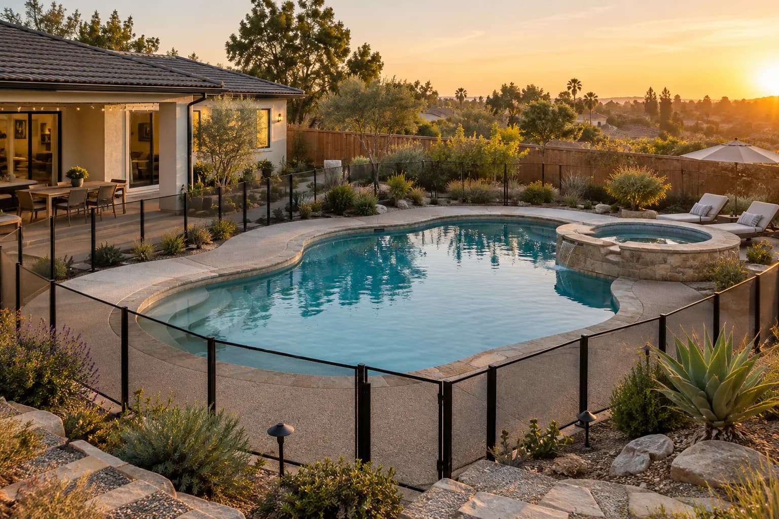 AI-generated design inspiration showing a compact California backyard pool with drought-conscious planting and shaded dining