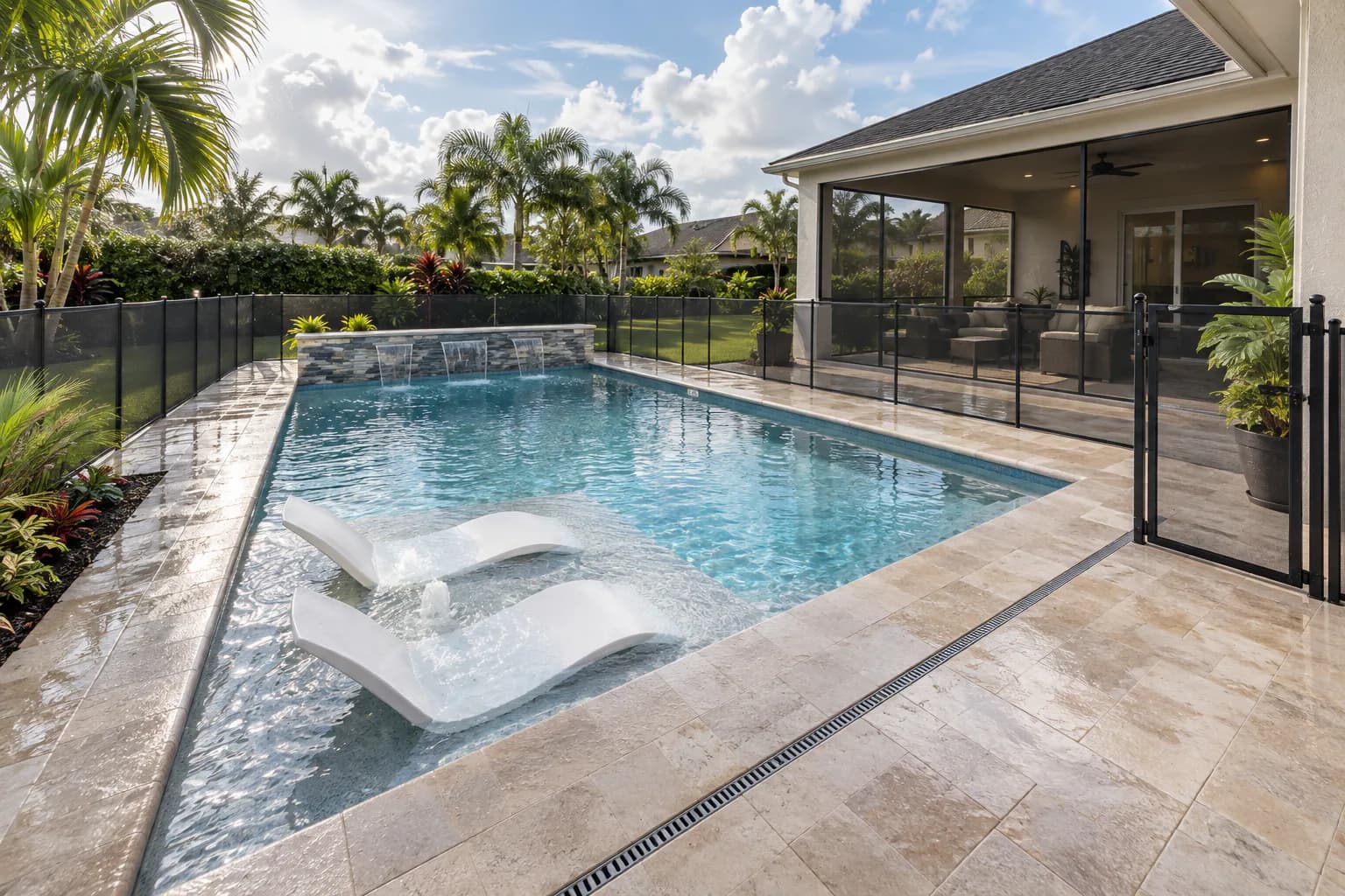 AI-generated design inspiration showing a screened Florida backyard pool, covered lanai, spa, and visible deck drainage