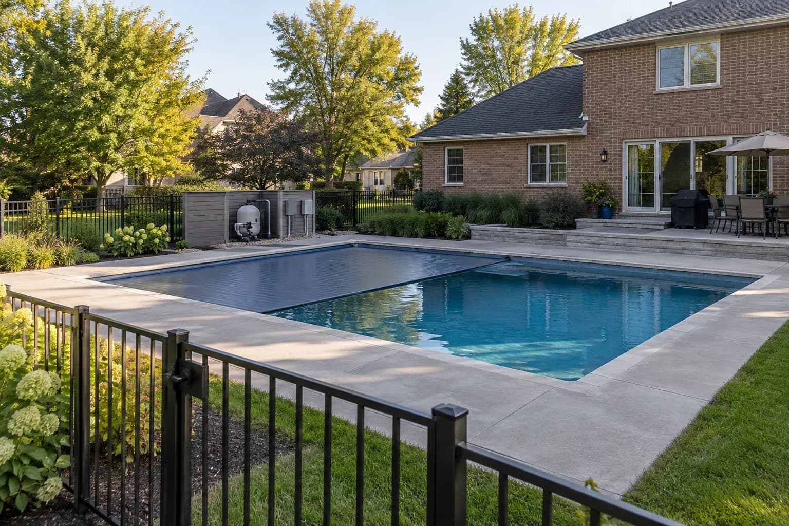 AI-generated four-season and freeze-thaw residential pool planning inspiration for Floyds Knobs, IN