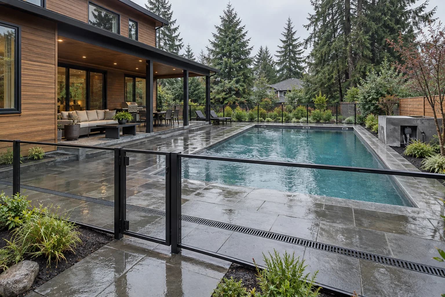 AI-generated marine and rain-aware residential pool planning inspiration for Monroe, WA
